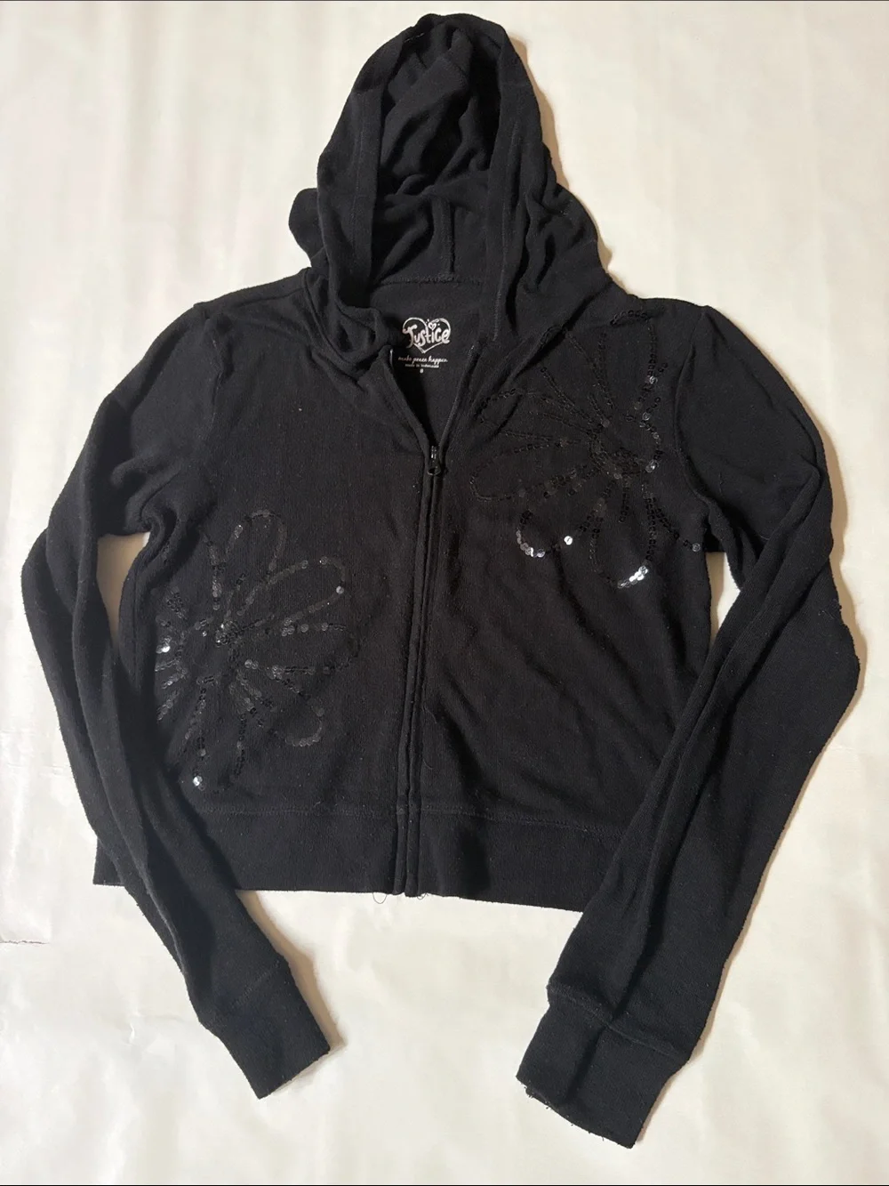 Justice Black Sequin Floral Zip Hoodie